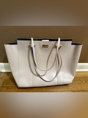 Kate Spade Beige Leather Tote with Navy Trim